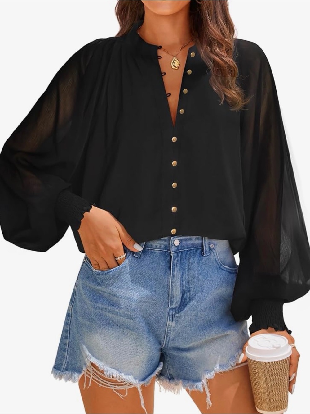 NWT Black Sheer Balloon Sleeve Blouse with Gold Buttons. Size Medium